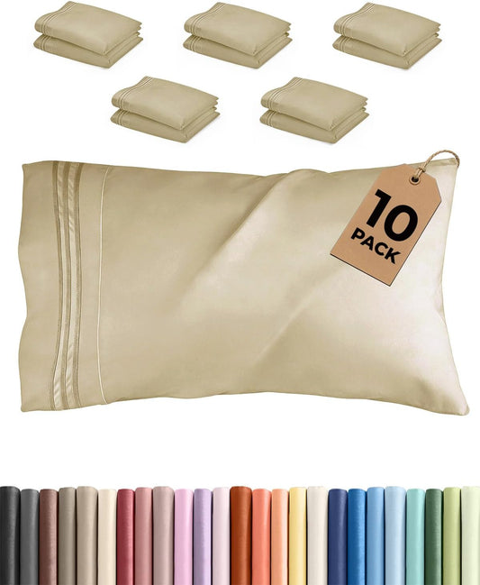 Queen Pillow Cases by LuxeDream | Ultra Soft Hotel Quality | Wrinkle-Free, Stain & Fade Resistant | 10-Piece Set in Beige
