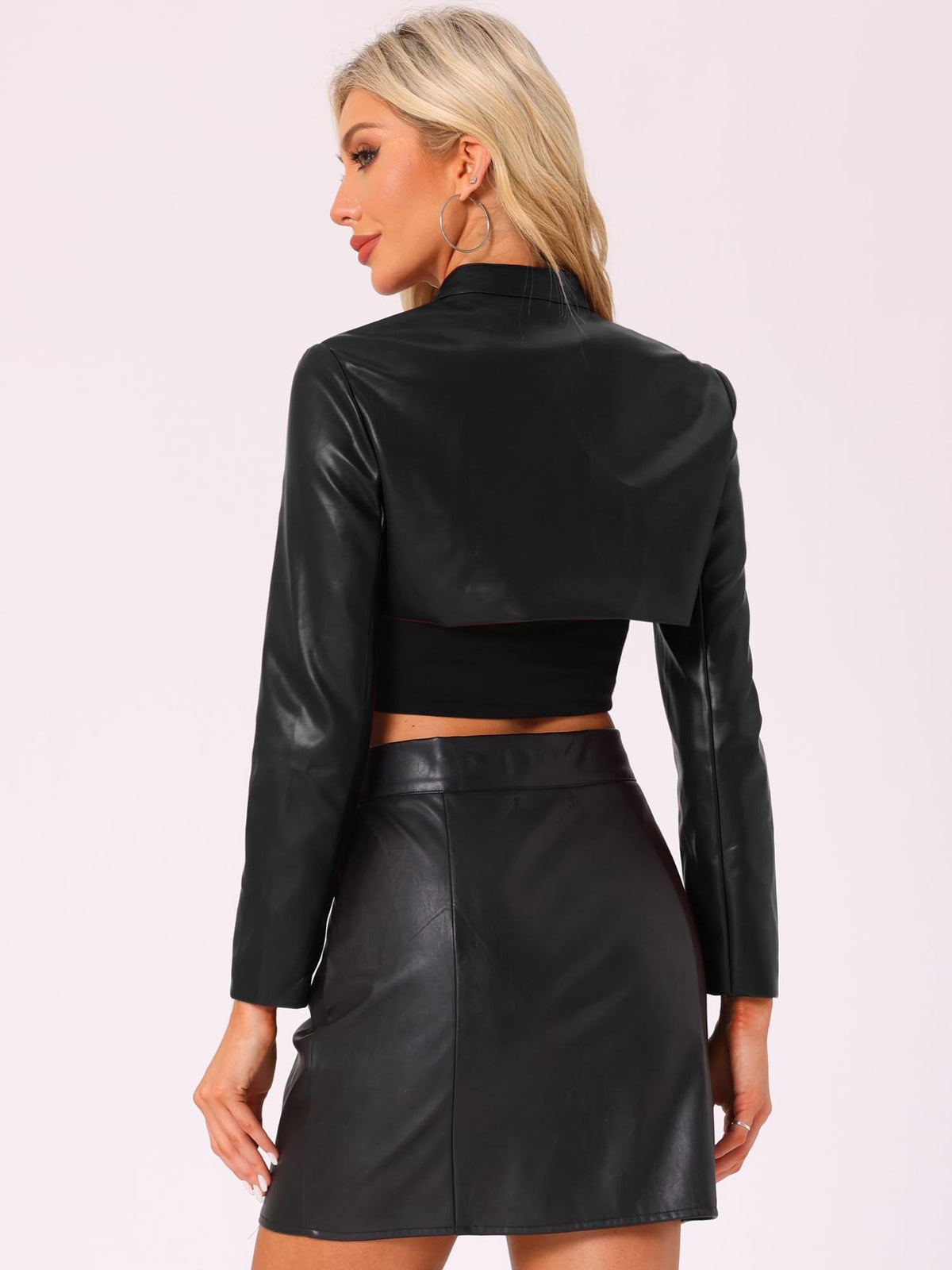 Allegra K Women's Faux Leather Cropped Top Stand Collar Zipper Front Moto Biker Long Sleeve Jacket Coat Small Black