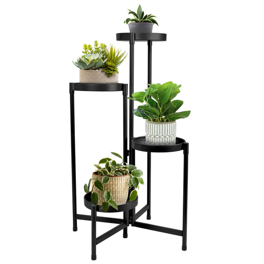 HOEGMST 4 Tier Plant Stand Indoor Outdoor, 31 Inch Tall Metal Plant Shelf Waterproof, Plant Holder with Folding Design For Home, Living Room, Black