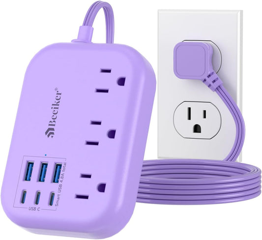 Beeiker 6 USB(3 5Ft 24W 3 USB C) Purple Travel Power Strip- Purple Extension Cord with USB Charging Station