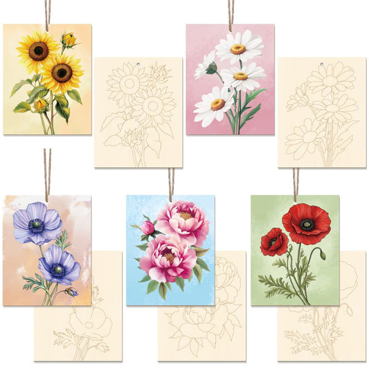 GLASSWINDS 15 Pcs Unfinished Wood Crafts to Paint for Adults, 5.9x4.7 Inch Flowers Paintable Wood Slices Craft Supplies with Ropes, Bulk Predrilled Wooden Ornaments for DIY Painting Craft Decor