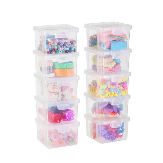 Swuj 10-Pack Small Plastic Containers with Lids, Clear Stackable Storage Boxes & Bins Organizer for Bead Organizer, Craft Storage, Stickers, Jewelry & Small Items – Square Small