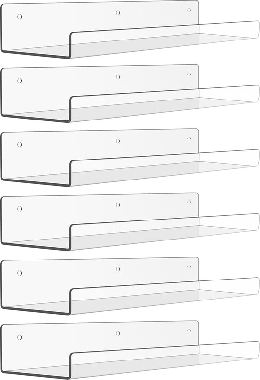 Upsimples 6 Pack Acrylic Floating Shelves - 15" x 4" Wall Storage for Kids' Rooms, Clear Display Organizers