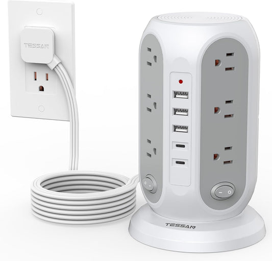 TESSAN 12 5 Ports(2 10 1250W, Tower Power Strip with Individual Switches, Surge Protector with Outlets, USB USB C)