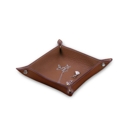 XYJG Valet Tray Desktop Storage Organizer - Genuine Cowhide Leather Bedside Vanity Tray - Catchall Nightstand Caddy Holder for Phone, Wallet, Coin, Jewelry (Gold)