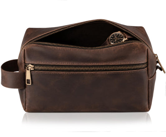 Mens Leather Toiletry Bag – Dopp Kit Handmade in USA – Full Grain Leather Organizer Bag with Waterproof Lining for Travel, Toiletries, Shaving Kit – Gifts for Men, Husband, Dad, Boyfriend