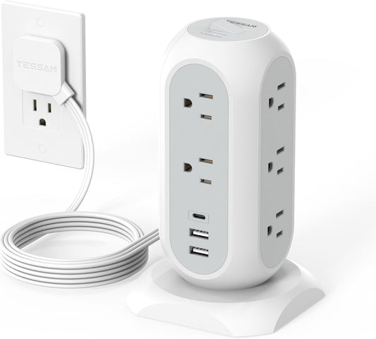 TESSAN 11 3 (1 1625W/13A,1050J 6 Tower Power Strip Flat Plug with Outlets USB USB C), Surge Protector Tower Protection