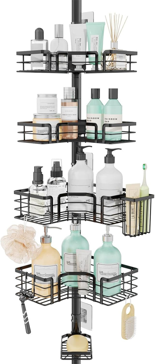 SWTYMIKI Shower Caddy Tension Pole - 4-Tier Adjustable Bathroom Organizer with Soap Holder & Hooks | Black 27.6-108.3 Inch