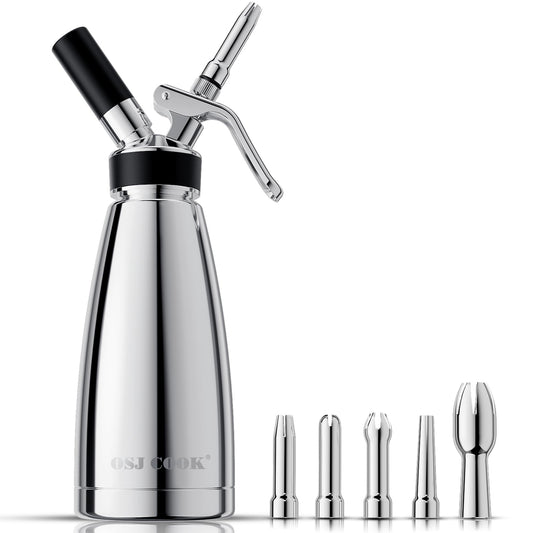 Whipped Cream Dispenser Stainless Steel Keep Warm and Cold,500mL/1 Pint Double Wall Thermos Whipped Cream Maker,5 Various Stainless Decorating Nozzles,1 Cleaning Brush,N2O Chargers NOT Included