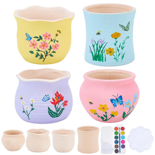 WEBEEDY 4 Sets DIY Ceramic Succulent Pots Painting Kit Paint Your Own Ceramic Planter Pot, Ready to Paint Ceramics Unpainted Flower Pot Pottery Painting Craft Kit Home Desk Garden Decor Creative Gift