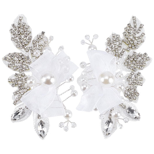 FINGERINSPIRE 1 Pair 4.4x2.5x0.5inch White Pearl Beaded Applique Rhinestone Flower Patch DIY Crafts Wedding Dress Embellishment for Bridal Hair Comb Decoration White Floral Sew On Decoration