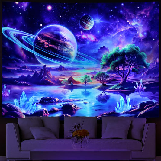 Blacklight Galaxy Space Tapestry UV Reactive Planet Wall Hanging Magical Trees Tapestries Cosmic Mountain Landscape Wall Decor Aesthetic Starry Night Backdrop for Bedroom