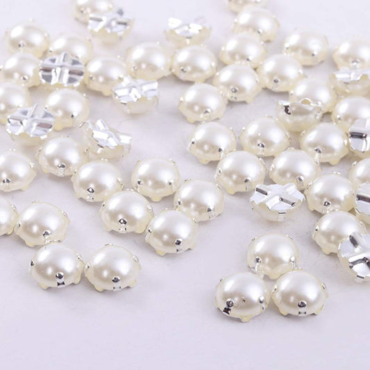 Sewing Pearl Beads Rhinestones Sew On Pearl Rhinestones with Silver Claw Flatback Half Round Pearl for Craft Garment (Silver Claw, 6mm)¡­