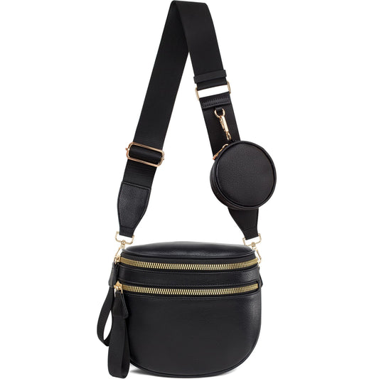 Valentoria Fashionable Womens Leather Waist Bag Crossbody Bag Detachable Wallet Adjustable Shoulder Strap (Black)