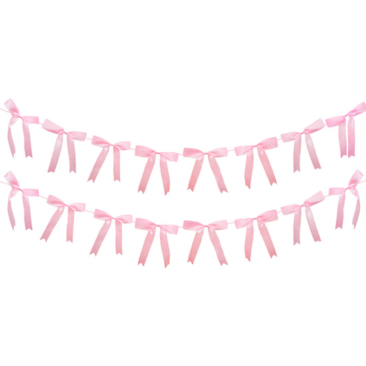 2pcs Pink Bow Garland Banner, Satin Ribbon Decorations for Coquette Theme Birthday and Bridal Shower Party Decor (Bow)