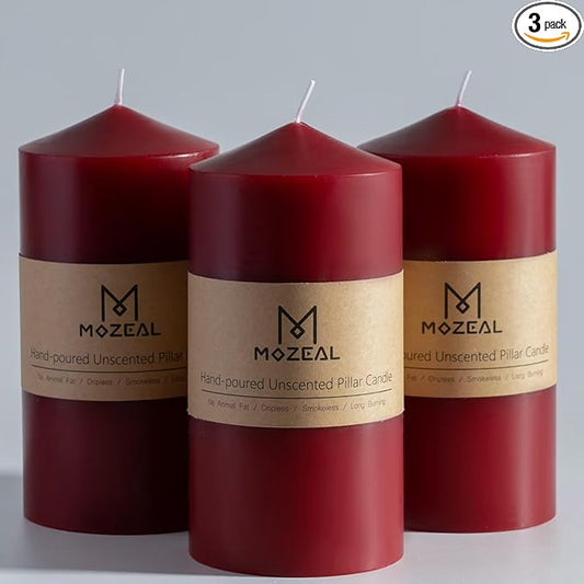 MOZEAL 3" x 6" Hand-Poured Unscented Dark Red Pillar Candles,Dripless Candles Set of 3,Long Lasting Burning,Approx 100 Hours Burn Time for Wedding,Dinner,Christmas and Home Decor