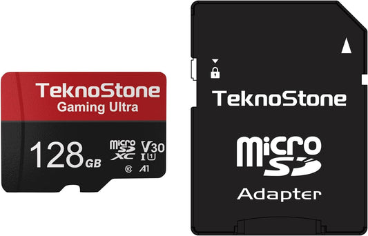 Teknostone 128GB 100MB/s 50MB/s C10 U3 V30 A1 1 (1 Pack) Gaming MicroSDXC Flash Memory with Adapter Read Write Speed
