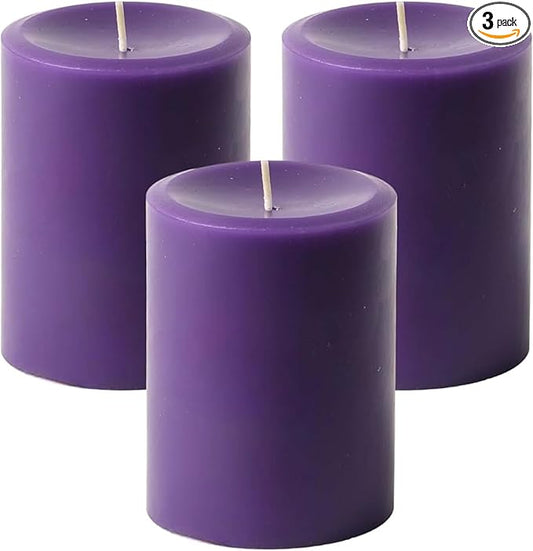 Mister Candle Dripless Unscented Pillar Candles, Set of 3 Hand Poured Solid Color Non-Scented Candles for Home Decor, Premium Wax, 60 Hr Burn Time - 3x4 Inch, Purple