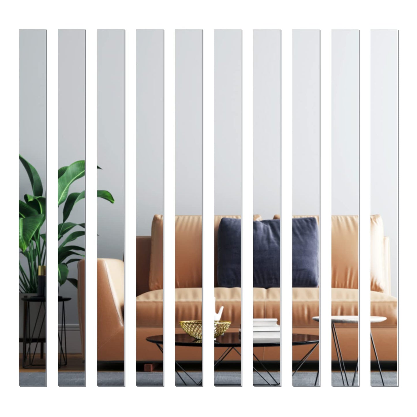 WUTAOBON Mirror Tiles, 2''x20''Mirror Tiles Self Adhesive Stripe Wall Mirror Stickers (Not Glass) Removable Long Acrylic Frameless Mirror Sheets for Home Living Room Bedroom DIY Decor (10Pcs)