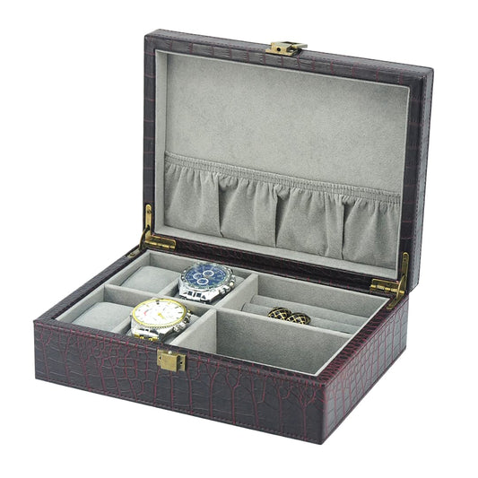 Decorebay Executive PU Crocodile Leather Watch Box, Cufflink, Ring Storage Jewelry Box Organizer for Men (Seal Brown)