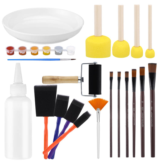 Lerheedi 20 Pcs Essential Decoupage Tool Set 4 Foam Brush 4 Decoupage Brushs 6 Nylon Hair Brushs 1 Glue Palette Rubber Roller Acrylic Pen Acrylic Semi Circular Brush Kit for DIY Art and Craft Project