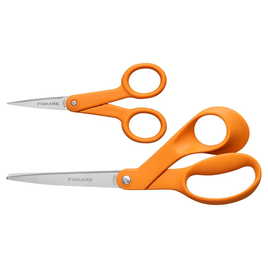 Fiskars Original Orange Handled Scissors 2-Piece Set, 5" Micro Tip and 8" Stainless Steel Scissors, Paper and Fabric Supplies for Office and Arts and Crafts Set, Orange