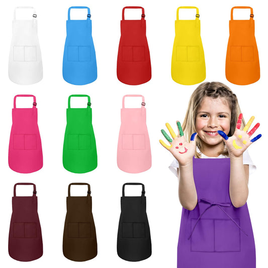 IAGBIBUI 12 Pack Kids Aprons Bulk with 2 Pockets Adjustable Chef Art Apron Kids Painting Aprons for Cooking Baking Crafting Grilling for Boys Girls Age 6-13 Years(12 Colors)