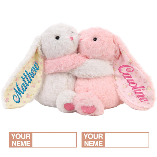 Evulum Personalized Hugging Plush Bunnies Set of 2, Valentines Day Gift for Couples, Custom Bunny Stuffed Animal with Embroidered Name/Date, Easter Gift for Kids