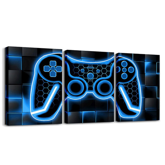 Feelyou Gamer Canvas Wall Art Gaming Bathroom Wall Art for Home Decor 12"x16" 3 Piece for Teens Bedroom Decor Lighting Honeycomb Office Wall Artwork Posters Blue and Black Geometric Wall Painting