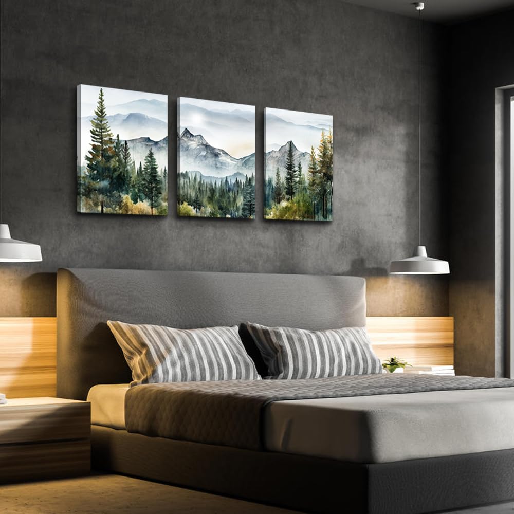 MHARTK66 Wall Art for Living Room Modern Wall Decor for Bedroom Office Decor Abstract Mountain Forest Landscapes Ink Painting 3 Piece Framed Canvas Art Prints Ready to Hang Wall Pictures Home Decor