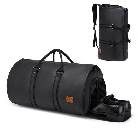 Carry On Garment Backpack, 3 in 1 Waterproof Mens Garment Bag for Travel Business, Leather Duffel Bag with Shoe Compartment -Black
