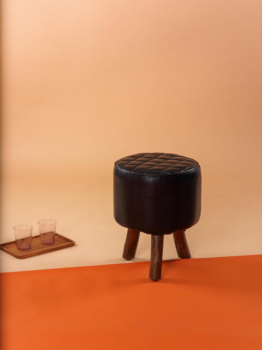 Handmade Eco-Friendly Geometric Buffalo Leather & Wood Black Round Ottomon Stool 18"X14"x14" from BBH Homes