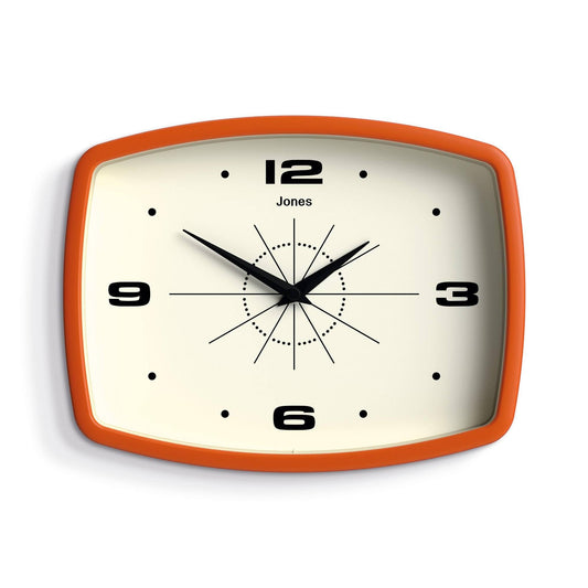 JONES CLOCKS® Movie wall Clock | Retro Rectangular Clock | 10 inch | Orange | Cool mid-Century Designer Look for Kitchen, Living Room or Office