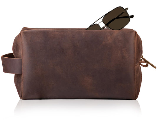 Mens Leather Toiletry Bag – Dopp Kit Handmade in USA – Full Grain Leather Organizer Bag with Waterproof Lining for Travel, Toiletries, Shaving Kit – Gifts for Men, Husband, Dad, Boyfriend