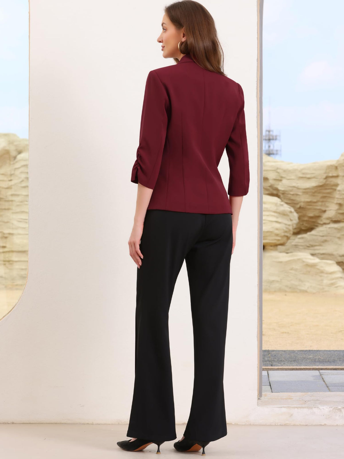 Allegra K Blazer for Women Business Casual Outfits Ruched 3/4 Sleeve Lapel Spring Dressy Suit Jackets with Pockets Medium Burgundy