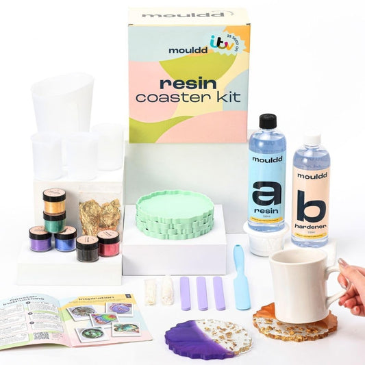 Mouldd Resin at Home Coaster Kit for Adults. for Beginners, Makes 10 Drinks Coasters. Craft Kit for Adults. Includes Resin, Tools, Colours, Gloves and How-to-Guide (Clear - Jagged)