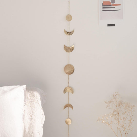 BASE ROOTS Moon Phase Wall Decor, Celestial Décor, Moon Décor & Boho Wall Décor, Gold Wall Art for Bedroom & Living Room, Bohemian Wall Decor, Handmade Hammered Metal 36" 7 Phases Moon Wall Decor, Gift for Women & Kids