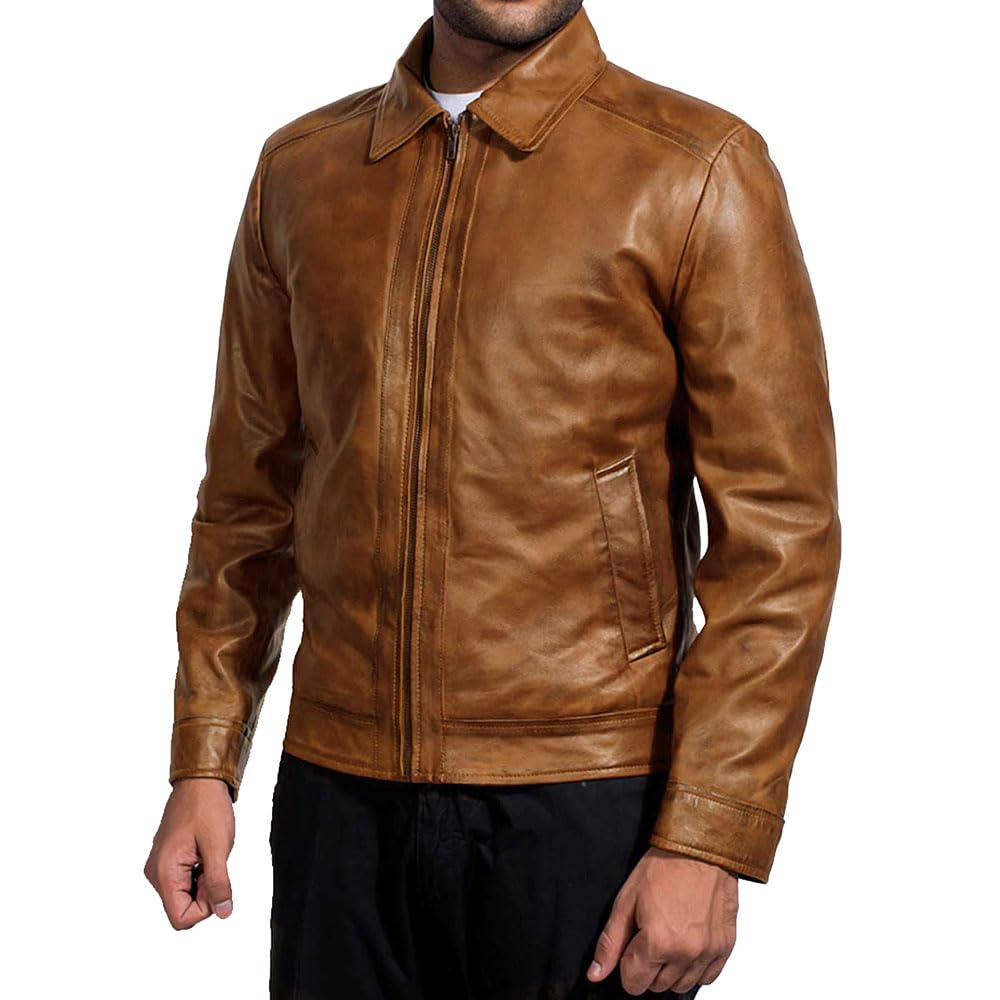 Mens Leather Jacket - Real Lambskin Classic Vintage Style Leather Jackets For Men Brown Leather Jacket for Mens (US, Alpha, 3X-Large, Regular, Regular, Camel)