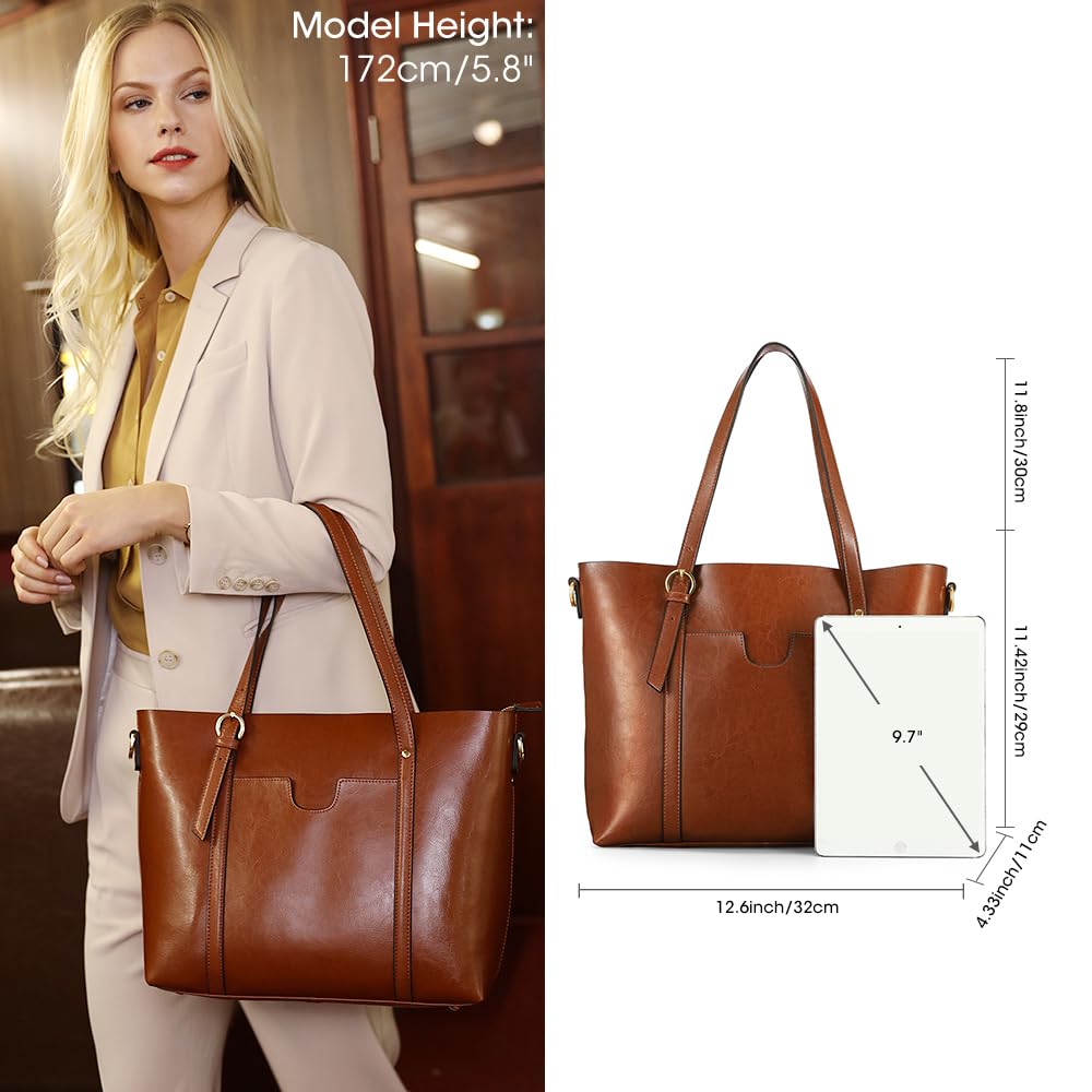 Kattee Genuine Leather Women Tote Bag Soft Handbags Vintage Shoulder Purses Fashion Top Handle Bag Large Capacity (Dark Brown)