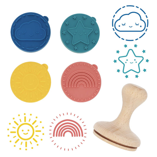 Happy Skies Rubber Stamp with Wood Handle, 4 Interchangeable Silicon Stamps of a Sun, Cloud, Star, and Rainbow, Fun Kids Craft Supplies and Art Supplies, Arts and Crafts for Kids 4-6 and Families