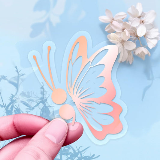 3 Pcs UV DTF Funny Car Decals, Rearview Mirror Window Bumper Decoration, Waterproof Aesthetic Stickers for Cars Trucks SUVs Motorcycles (Semi Colon Butterfly 2 - Holo Rose Gold)