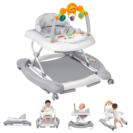 RefoereBabe Baby Walker, 5 in 1 Baby Walkers for Boys Girls 6-12 Months, Foldable Walkers for Babies with Bouncer & Feeding Tray, Music, Adjustable Heights, Activity Walker for Infant