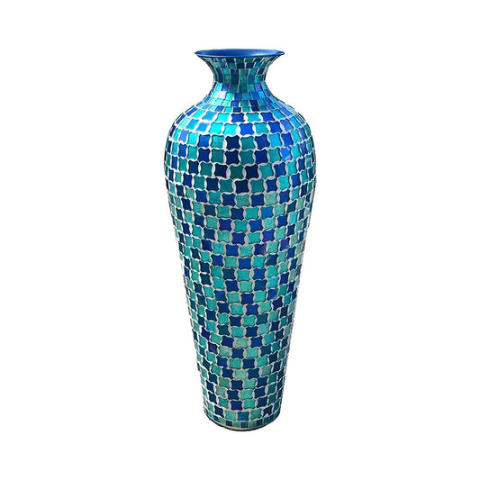 DecorShore Mosaic 20 Inch Decorative Tall Floor Vase, for Home Decor Geometric Pattern Metal Vase with Glass Mosaic- Blue and Turquoise Tessellation Pattern