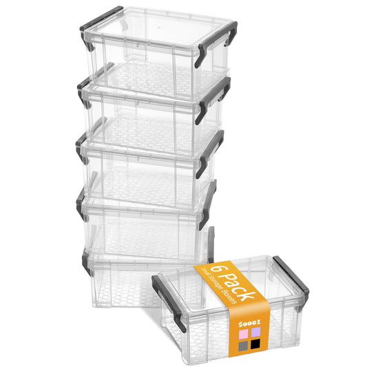 Sooez 6 Pack Small Plastic Containers with Lids, 6.4" x 4.4" x 2.7", Clear Crayon Box Pencil Pouch, Stackable Stroage Organizer for Beads Craft and Art Supplies, Storage Bins for Jewelry and Stickers