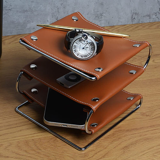 Effortlessly Organize Your Space with Our Triple-Decker Leather Tray in Luxurious Faux Leather (Brown)