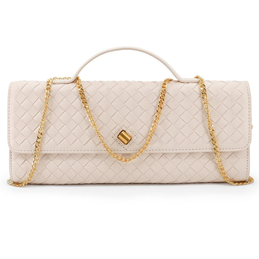 VESTURINA Clutch Purses for Women, Woven Evening Leather Crossbody Purse Shoulder Bag for Wedding Party (Beige)