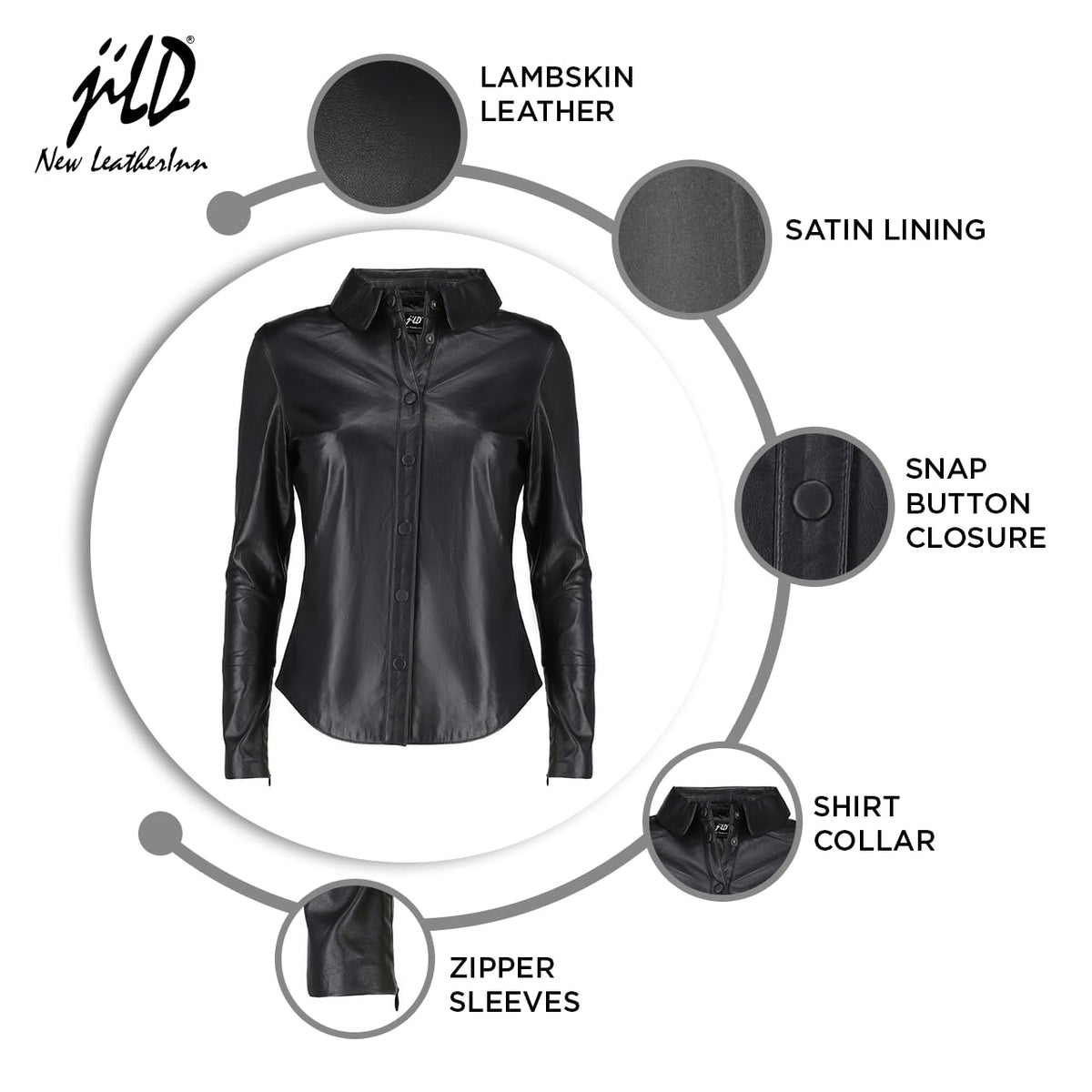 Jild Casual Shirt Real Leather Jacket Women - Long Sleeve Snap Button Down Soft Lambskin Leather Shacket Regular and Plus Size (LS-Blk-M)