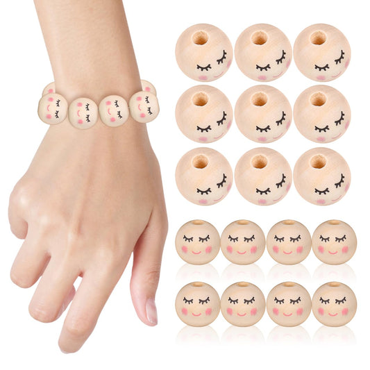 KALLORY 50pcs Smiling Face Wooden Beads 20mm Wood Spacer Loose Beads Doll Head for DIY Bracelet Necklace Hair Jewelry Making Crafts
