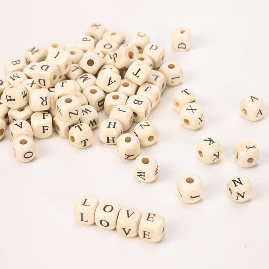 YANGRISE 260pcs Wood Letter Beads - 10mm Cube Alphabet Wooden Craft Letter Spacer Beads Bulk for Jewelry Making