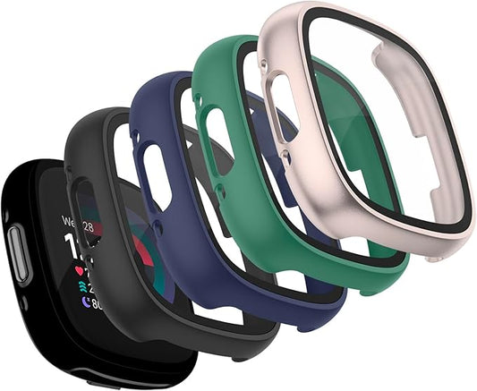 Vancle Case for Fitbit Versa 4 / Fitbit Sense 2, 4-Pack Screen Protector Tempered Glass Full Around Hard PC Case with Sensitive Touch Film Protective for Fitbit Sense 2 / Versa 4(Black + Starlight + Navy Blue + Dark Green)